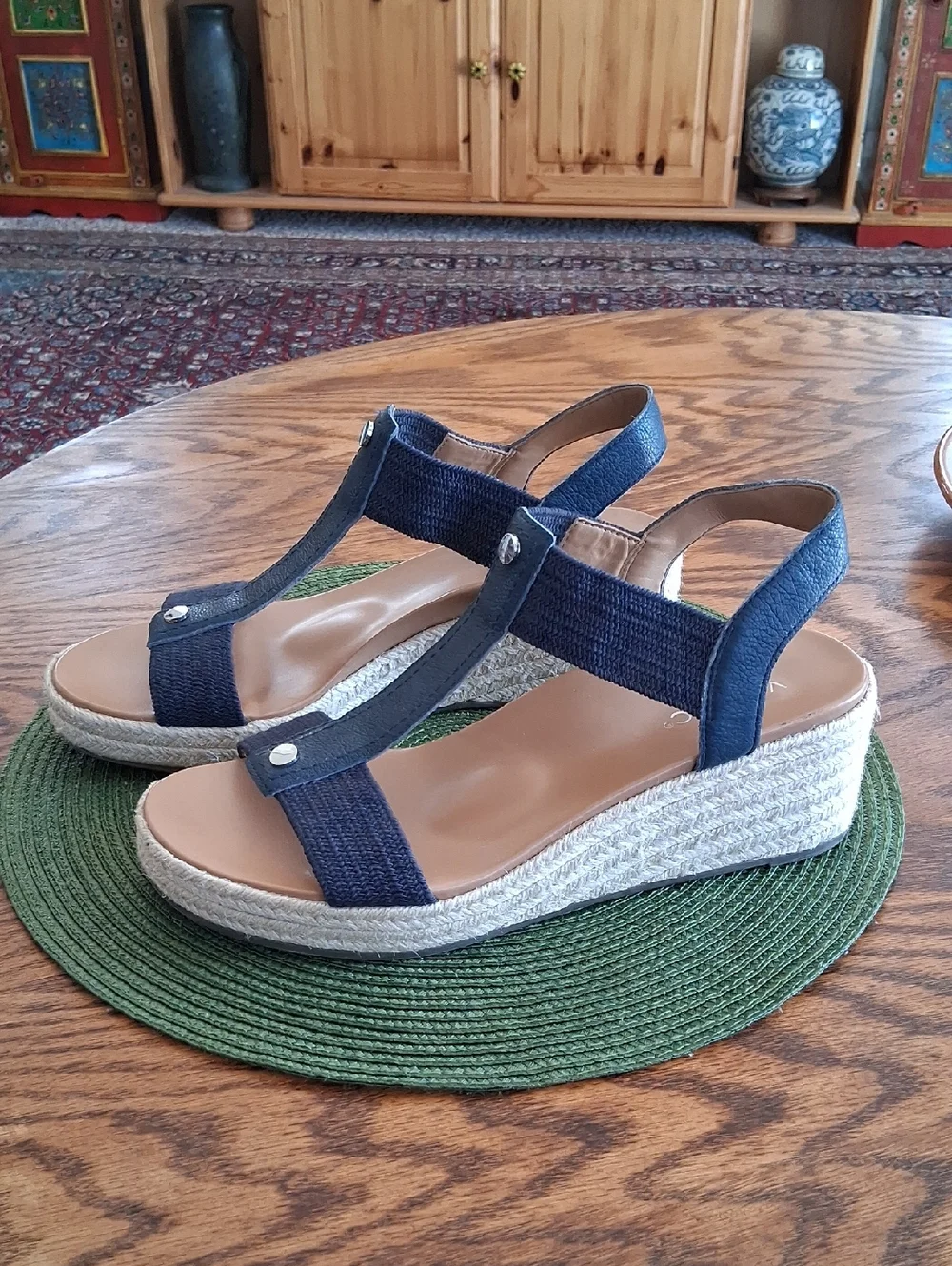 Vionic Calera Navy Blue Leather Stretch Fabric Espadrille Wedge Sandals Size 11